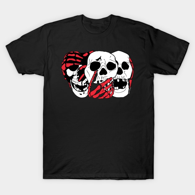 3 Skulls (w/red) T-Shirt by BeckyDoyon